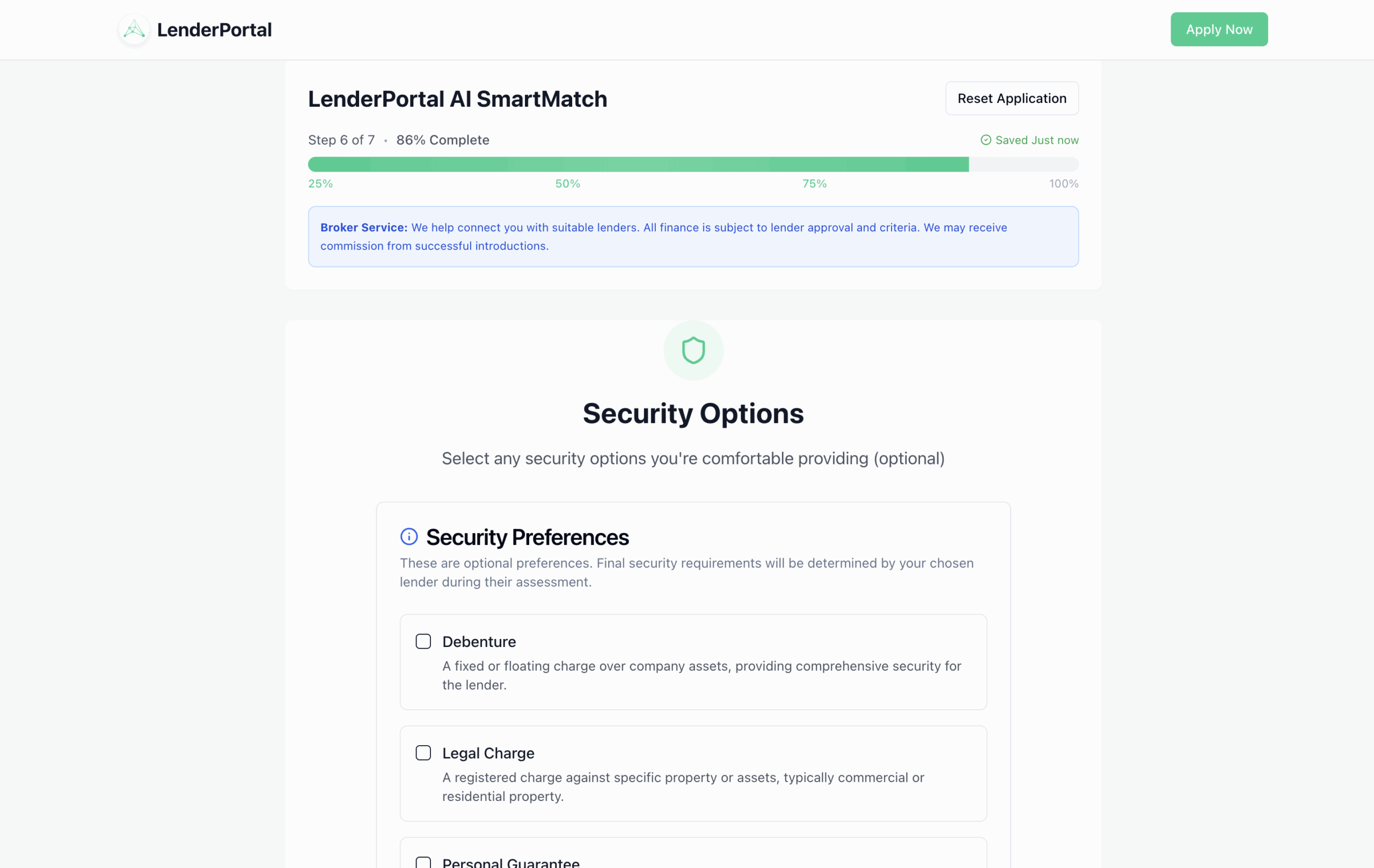 Lenderportal Security options page