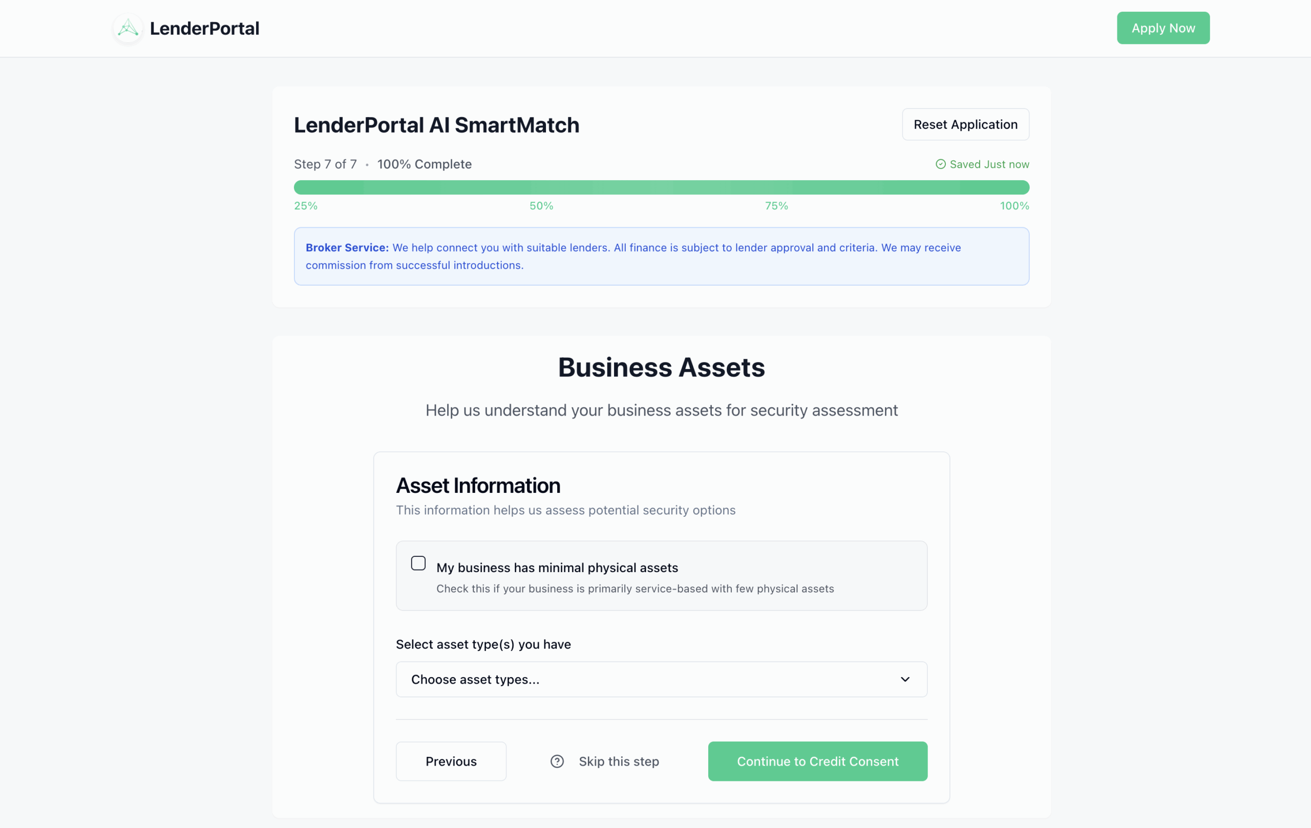 Lenderportal business assets page