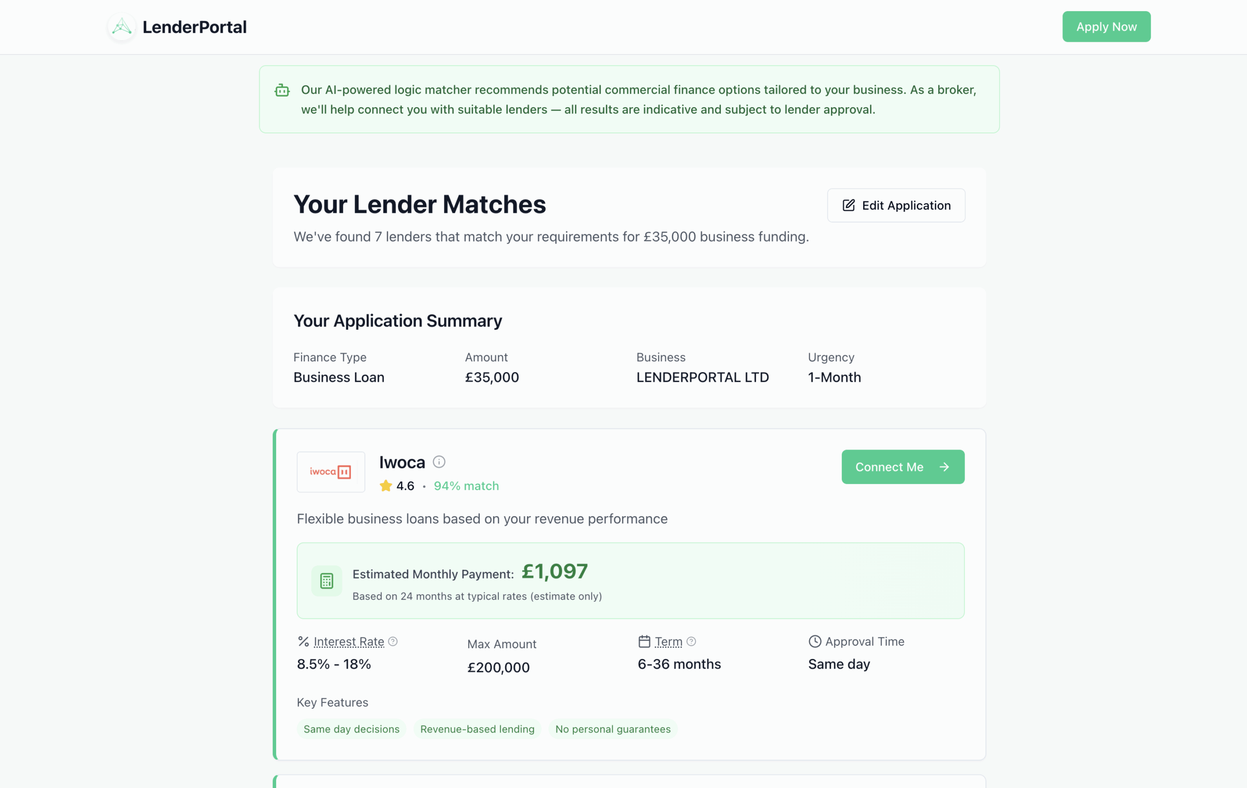 Lenderportal results page